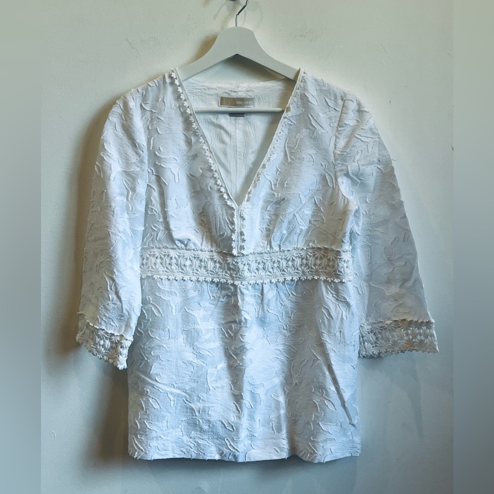 MICHAEL KORS Women's Sz 8 Textured Embroidered Lace Crochet Neck White Tunic boh - Picture 2 of 14